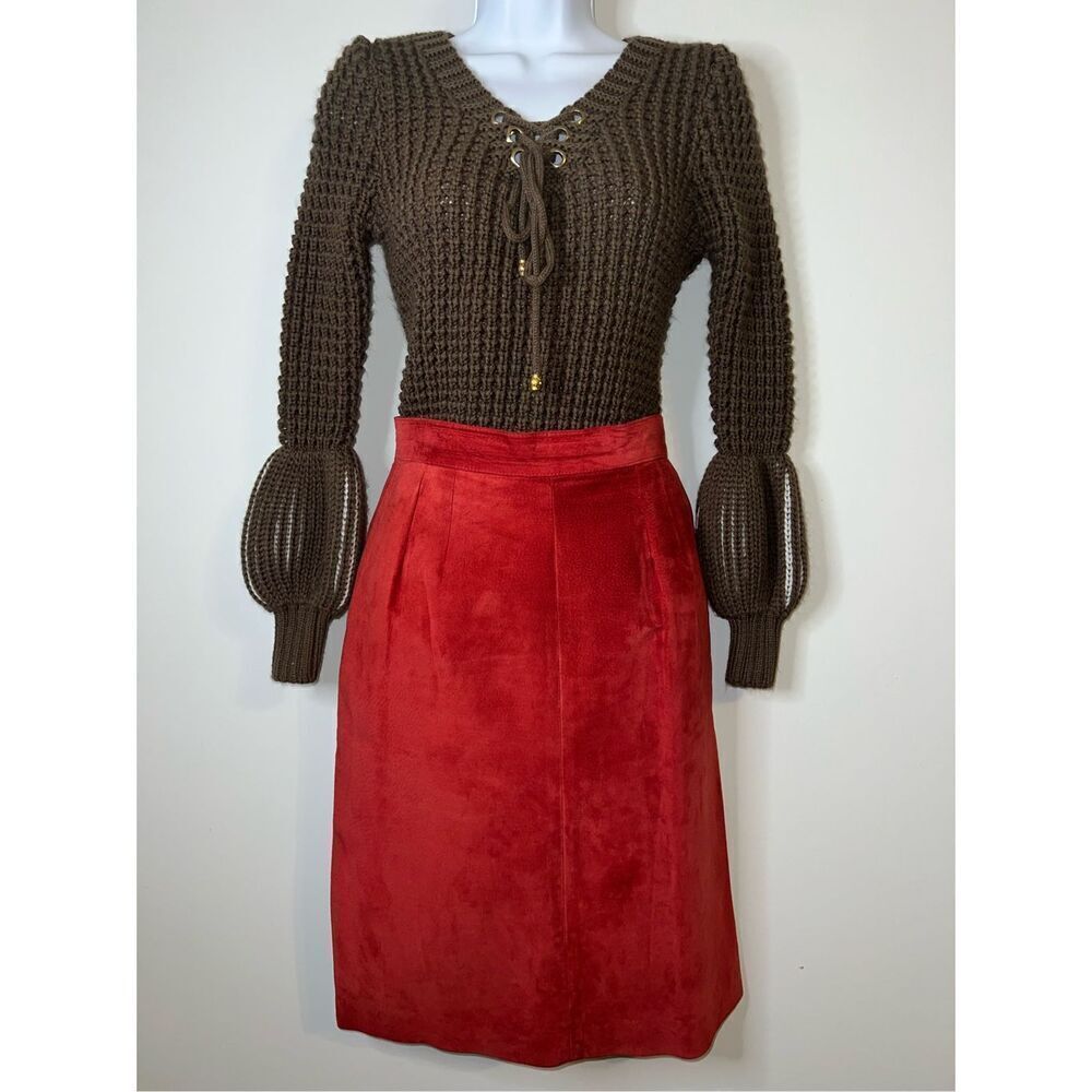 Vintage Red Leather Midi Skirt Women’s 12 - Picture 2 of 9